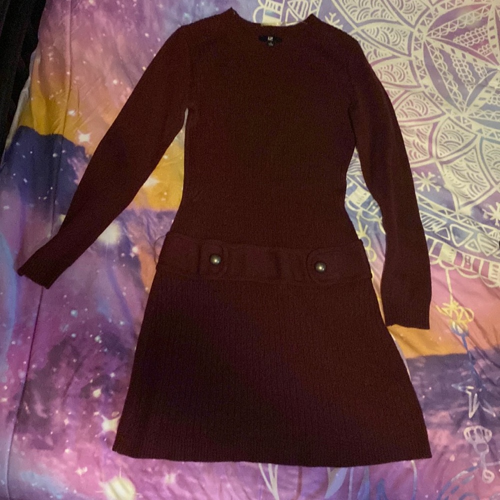 Burgundy Sweater Dress. Light patter and belt with buttons.